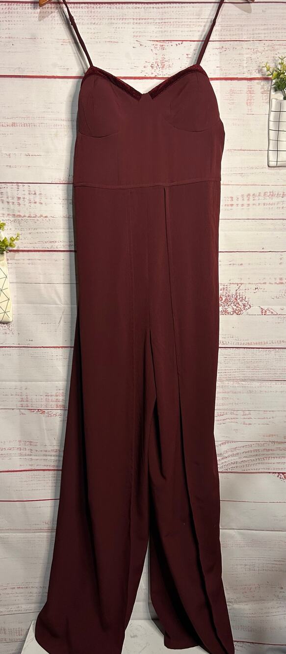 New B.O.G Collective Maroon Velvet Trimmed Wide Leg Jumpsuit SIze XL